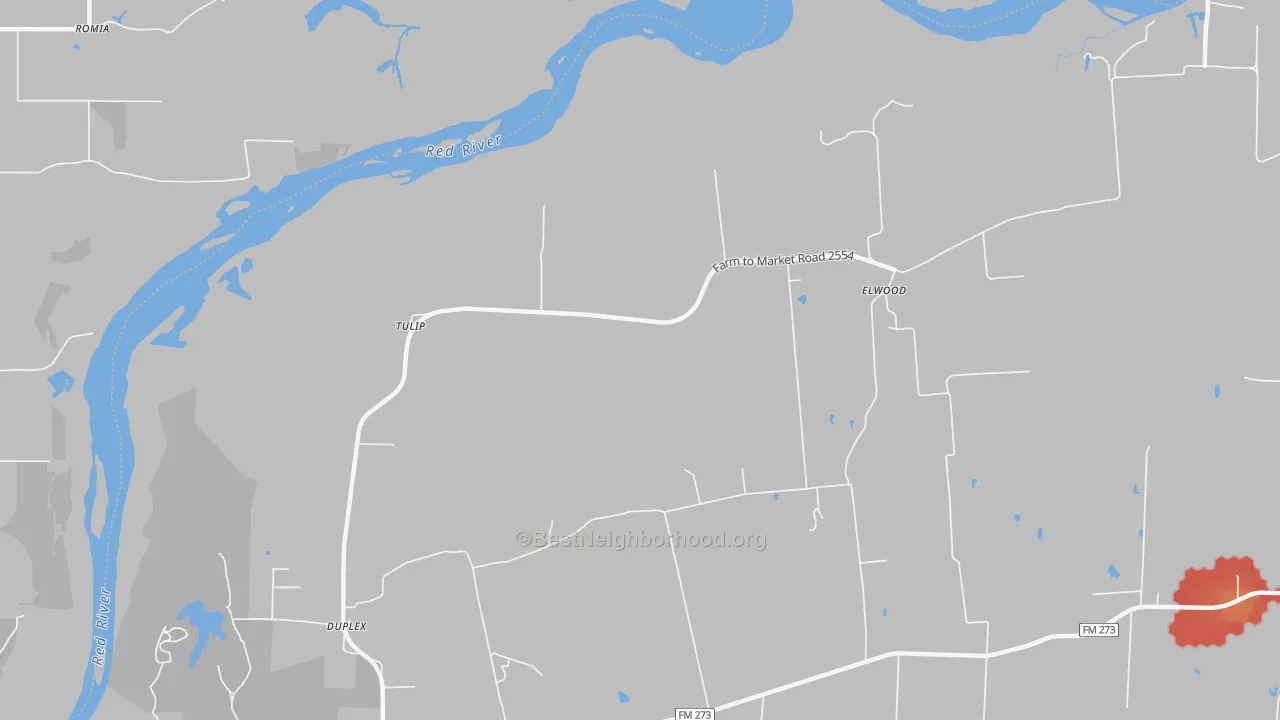 Walk Grade map of Tulip, TX, walkable areas in green and car-dependent areas in red