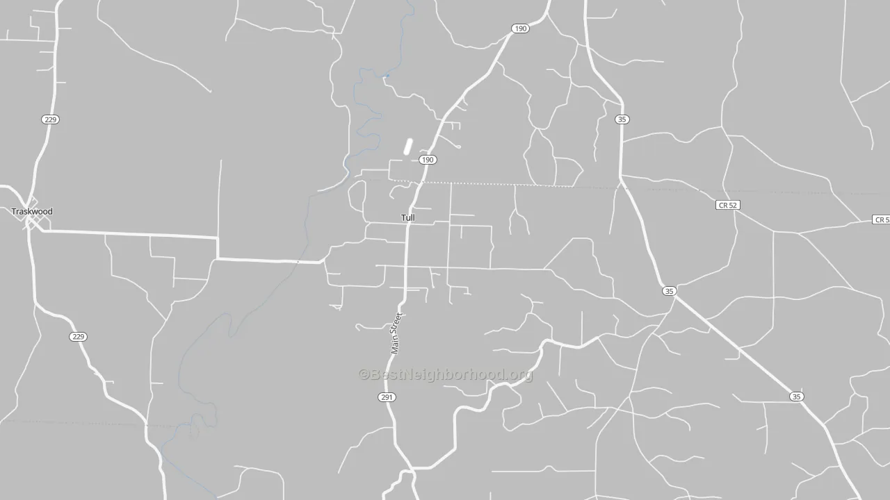 Walk Grade map of Tull, AR, walkable areas in green and car-dependent areas in red