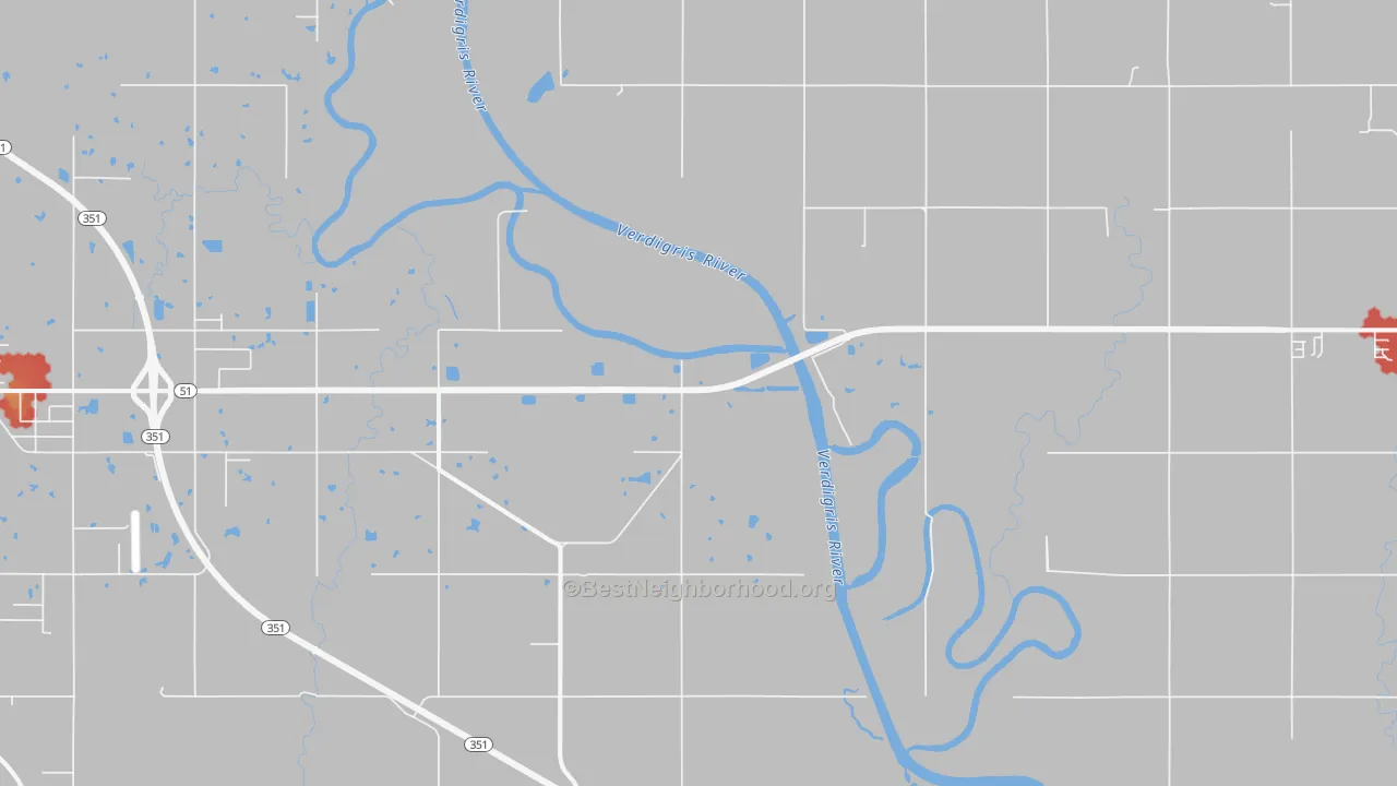 Walk Grade map of Tullahassee, OK, walkable areas in green and car-dependent areas in red