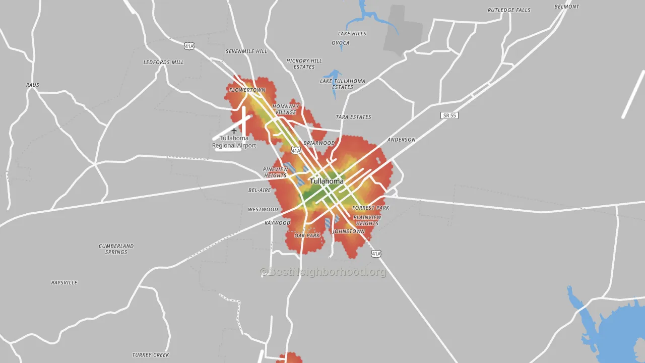 Walk Grade map of Tullahoma, TN, walkable areas in green and car-dependent areas in red