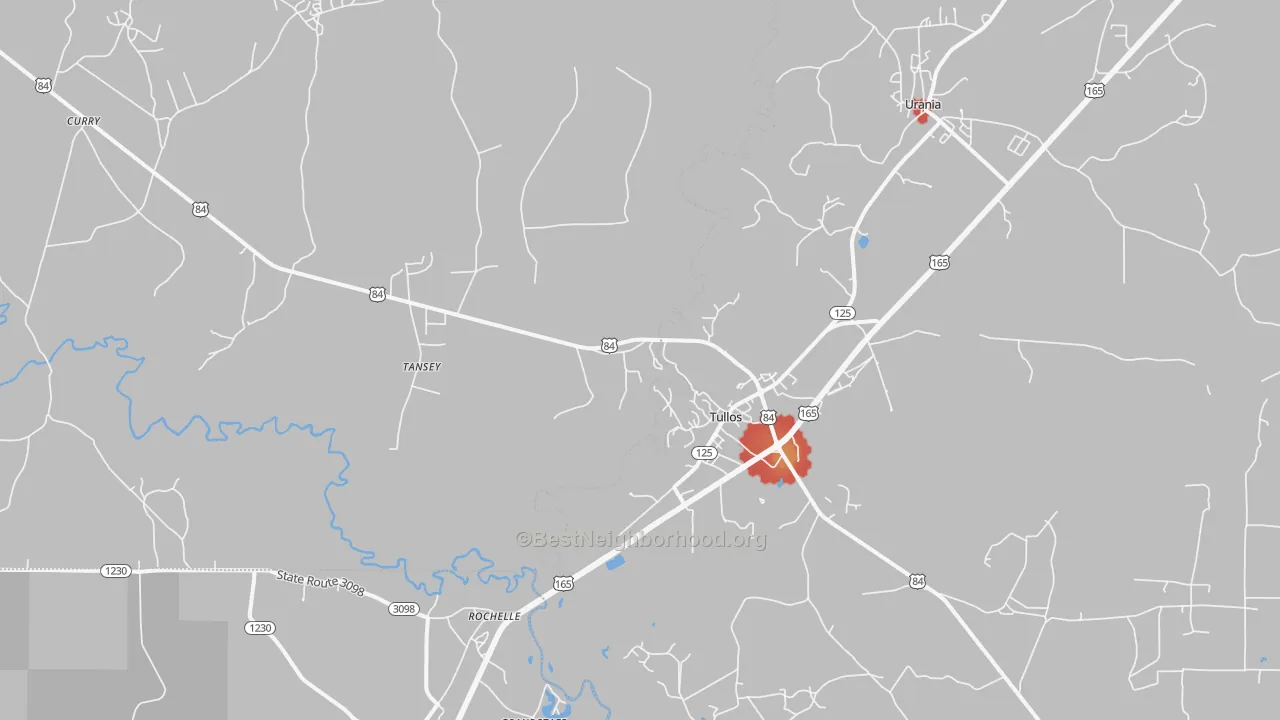 Walk Grade map of Tullos, LA, walkable areas in green and car-dependent areas in red