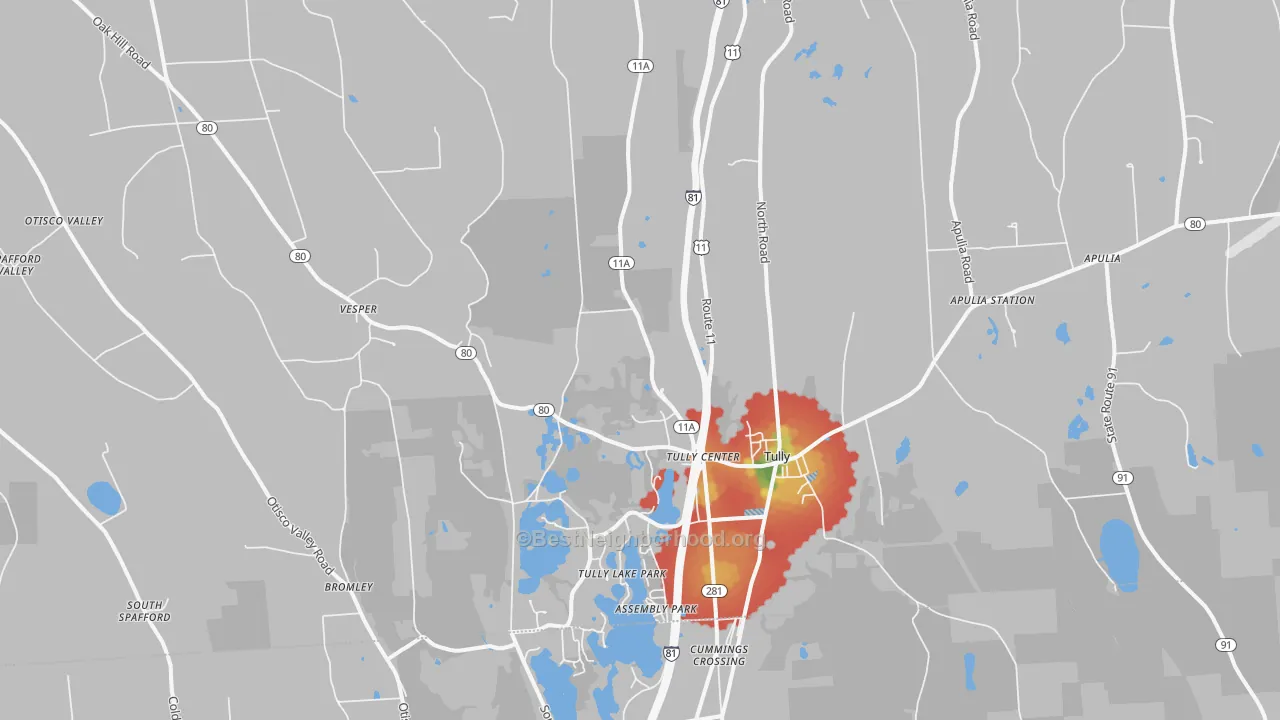 Walk Grade map of Tully, NY, walkable areas in green and car-dependent areas in red