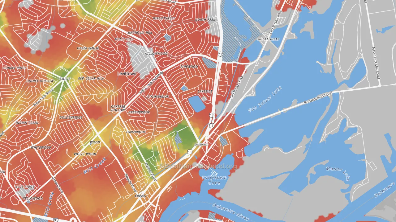 Walk Grade map of Tullytown, PA, walkable areas in green and car-dependent areas in red