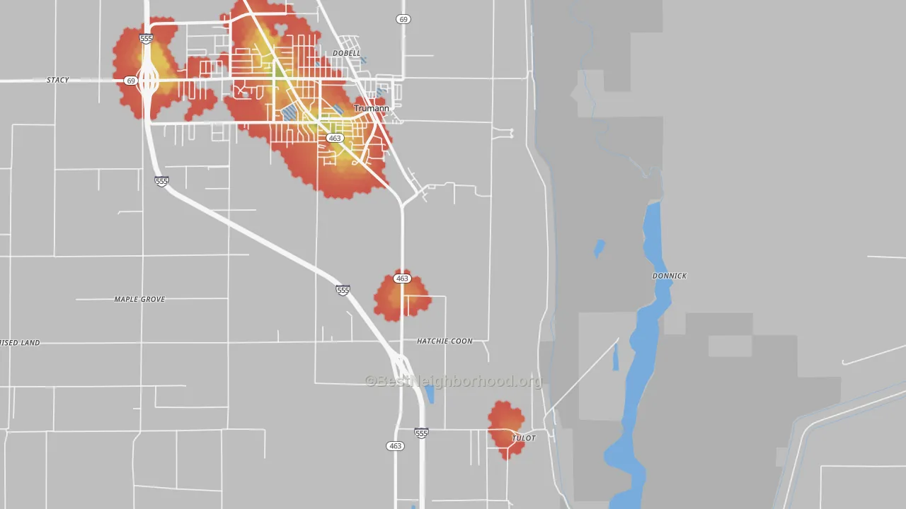 Walk Grade map of Tulot, AR, walkable areas in green and car-dependent areas in red