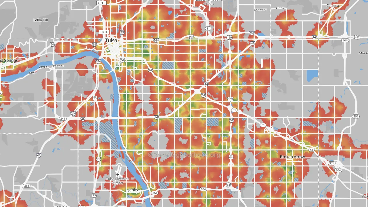Walk Grade map of Tulsa County, OK, walkable areas in green and car-dependent areas in red