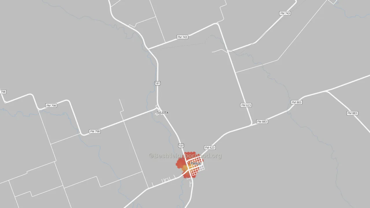 Walk Grade map of Tulsita, TX, walkable areas in green and car-dependent areas in red