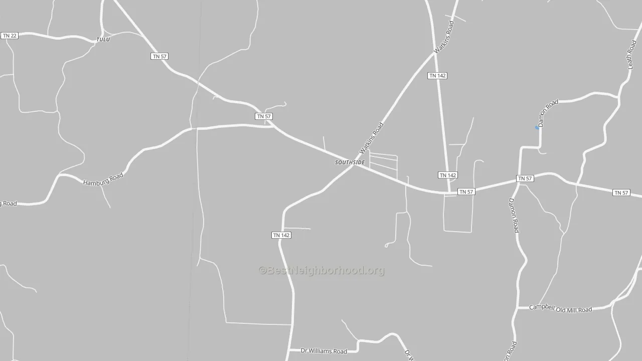 Walk Grade map of Tulu, TN, walkable areas in green and car-dependent areas in red
