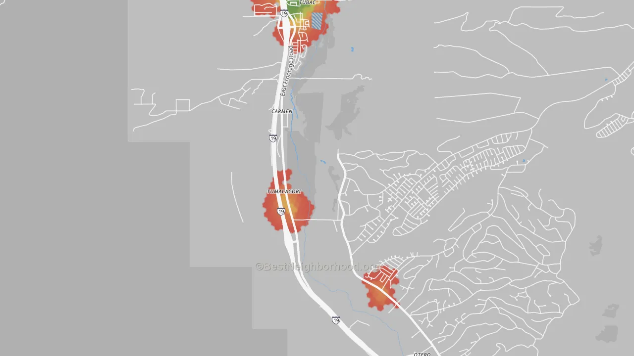 Walk Grade map of Tumacacori, AZ, walkable areas in green and car-dependent areas in red