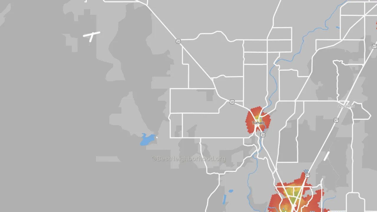 Walk Grade map of Tumalo, OR, walkable areas in green and car-dependent areas in red