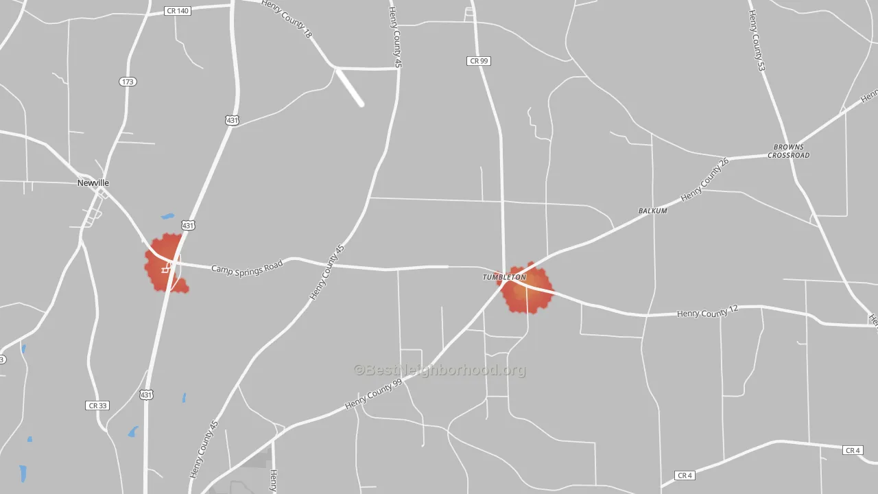 Walk Grade map of Tumbleton, AL, walkable areas in green and car-dependent areas in red