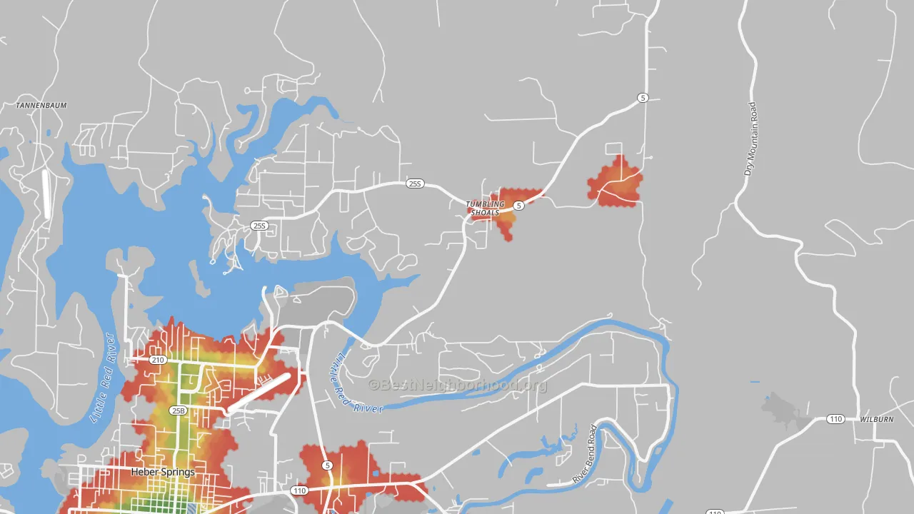 Walk Grade map of Tumbling Shoals, AR, walkable areas in green and car-dependent areas in red
