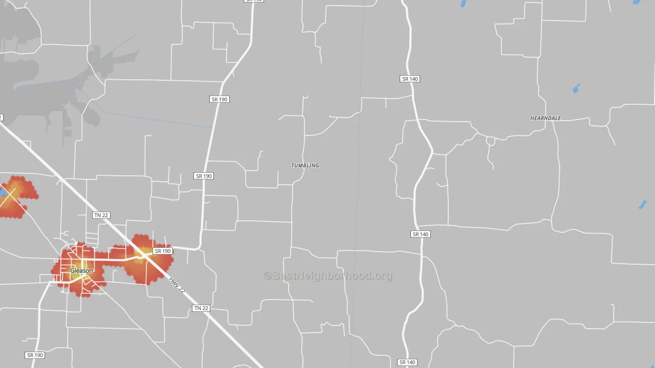 Walk Grade map of Tumbling, TN, walkable areas in green and car-dependent areas in red