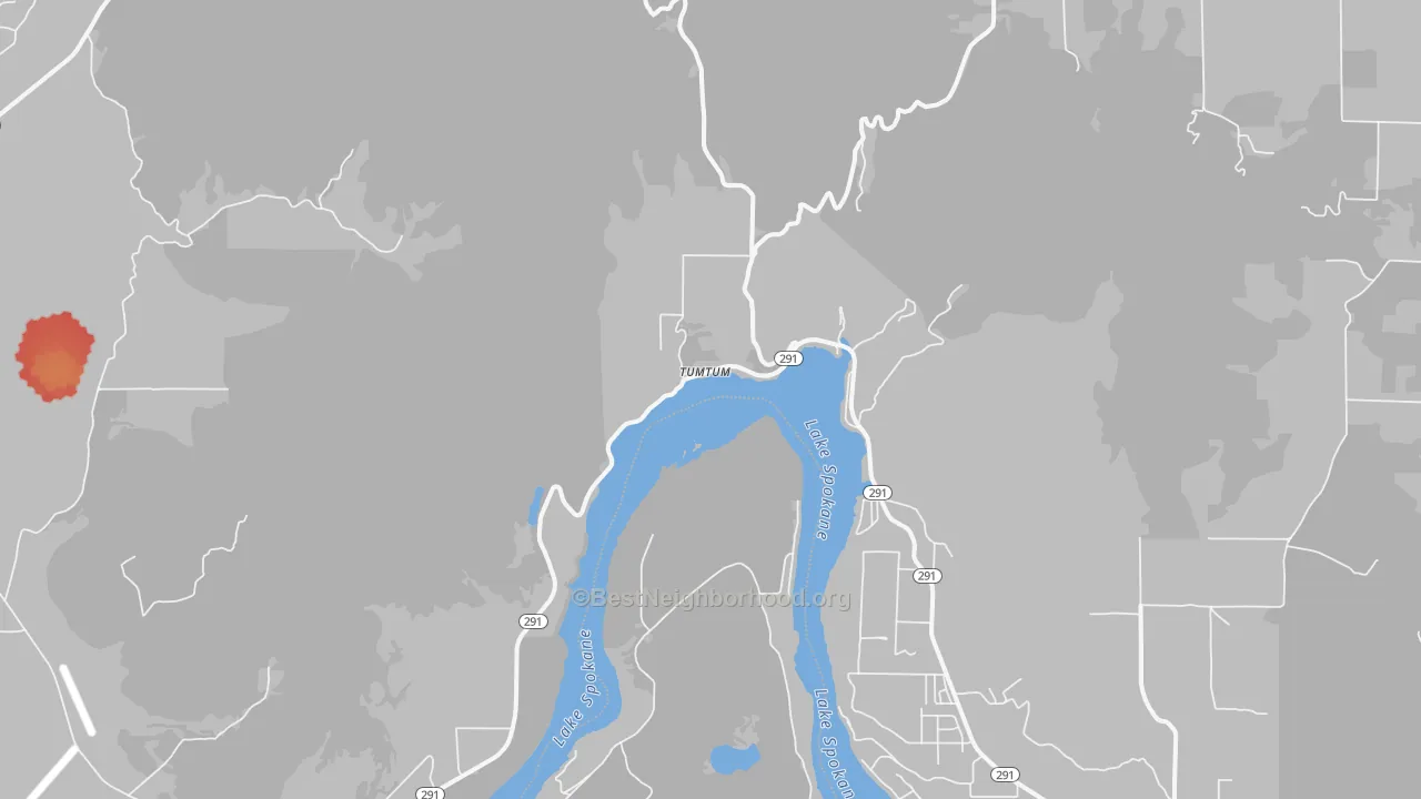 Walk Grade map of Tumtum, WA, walkable areas in green and car-dependent areas in red