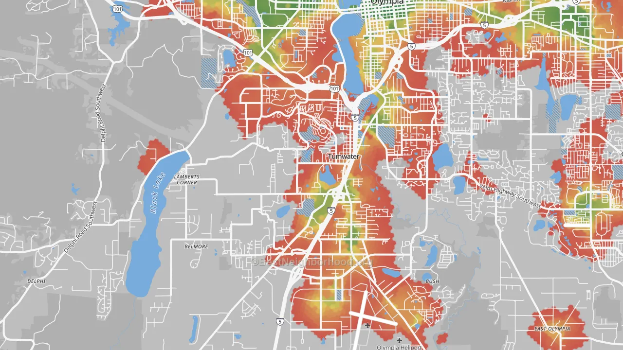 Walk Grade map of Tumwater, WA, walkable areas in green and car-dependent areas in red