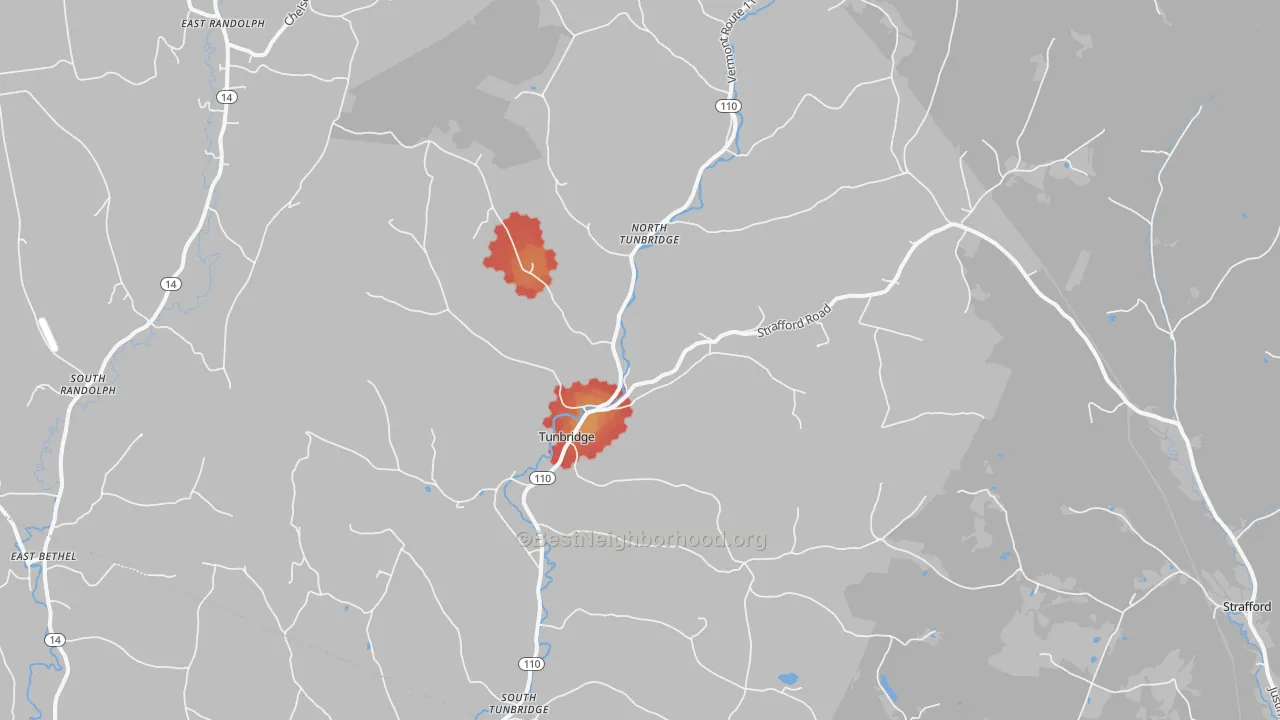 Walk Grade map of Tunbridge, VT, walkable areas in green and car-dependent areas in red