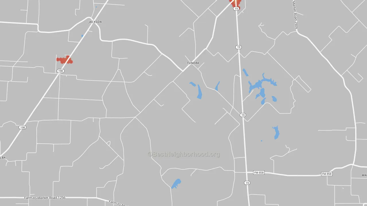 Walk Grade map of Tundra, TX, walkable areas in green and car-dependent areas in red