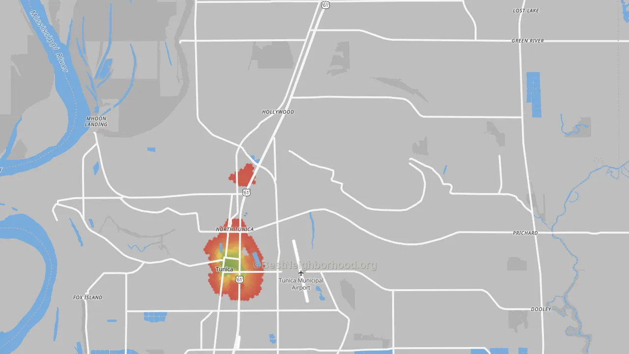 Walk Grade map of Tunica County, MS, walkable areas in green and car-dependent areas in red