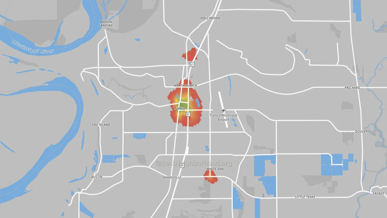 Walk Grade map of Tunica, MS, walkable areas in green and car-dependent areas in red