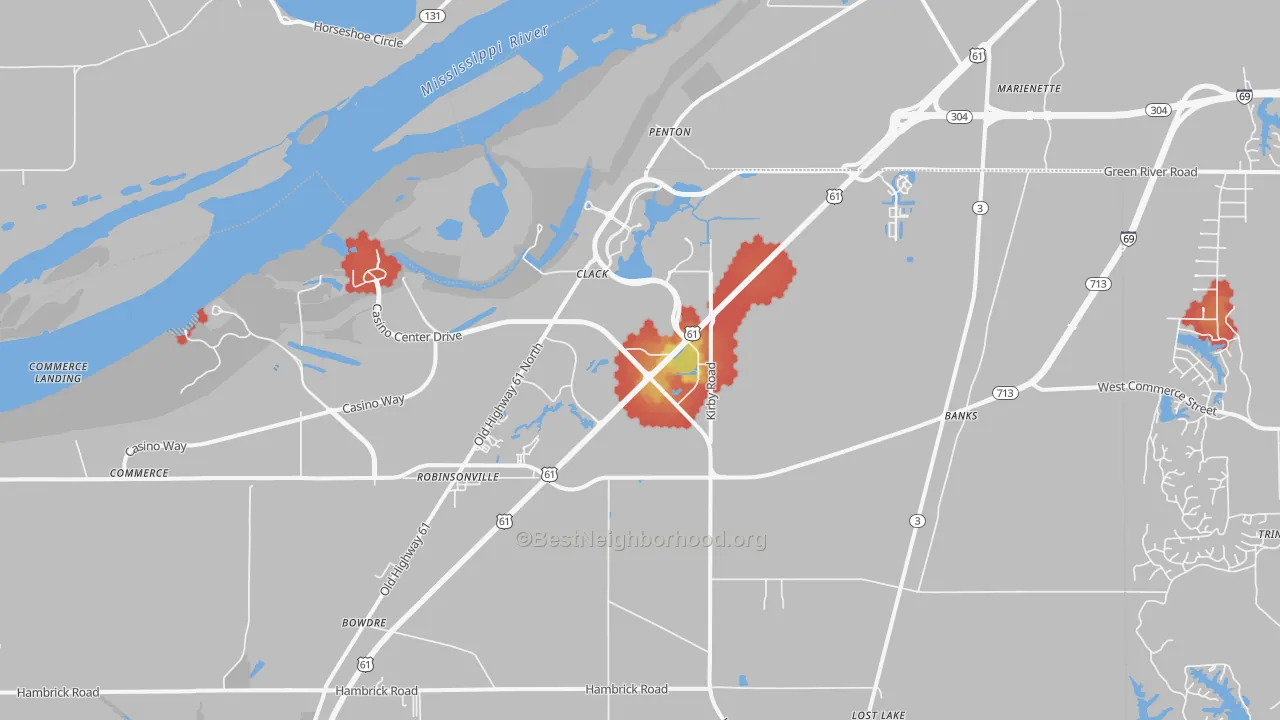 Walk Grade map of Tunica Resorts, MS, walkable areas in green and car-dependent areas in red