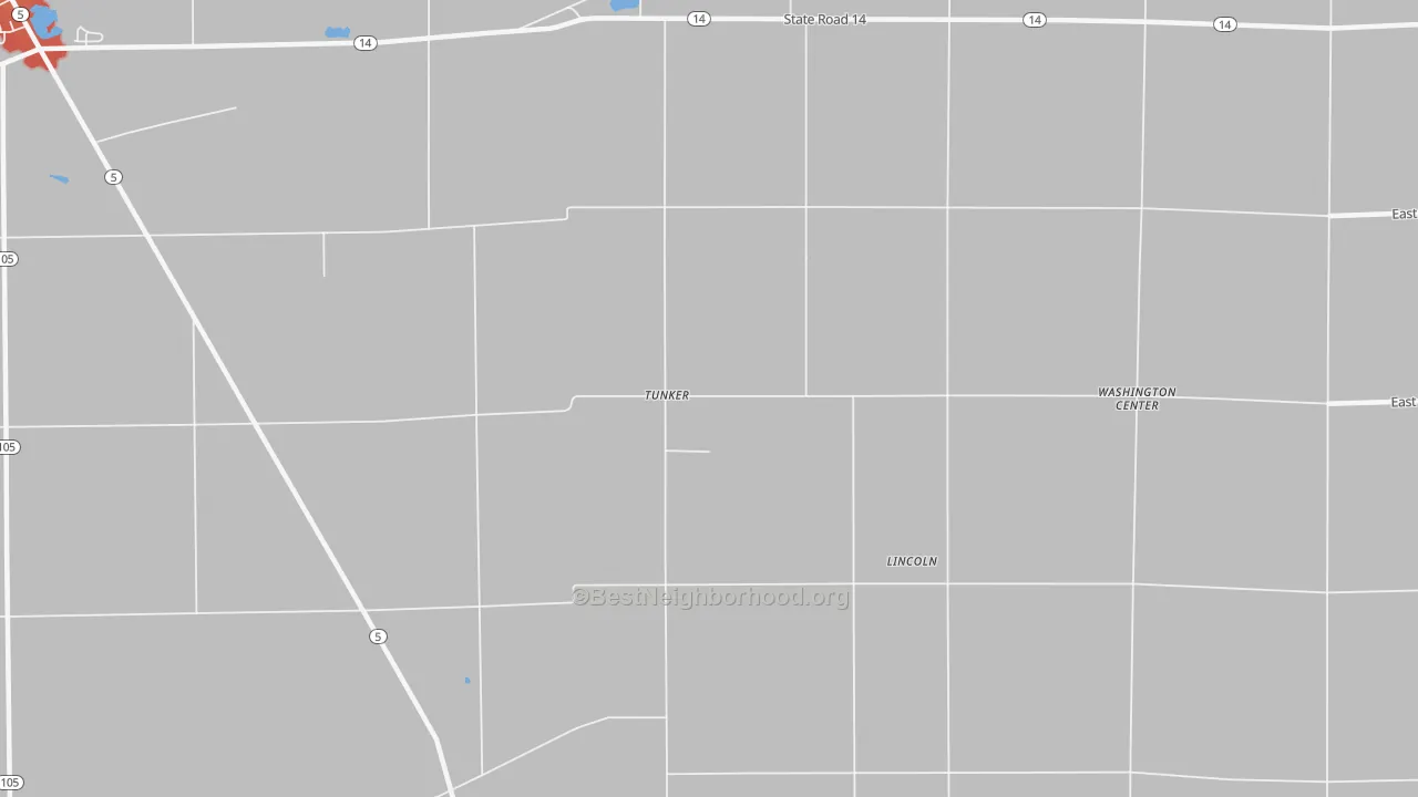 Walk Grade map of Tunker, IN, walkable areas in green and car-dependent areas in red
