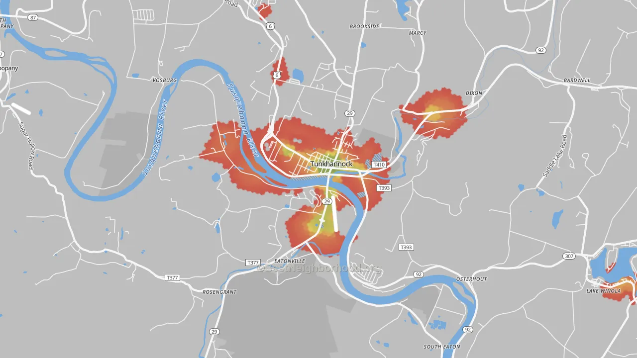 Walk Grade map of Tunkhannock, PA, walkable areas in green and car-dependent areas in red