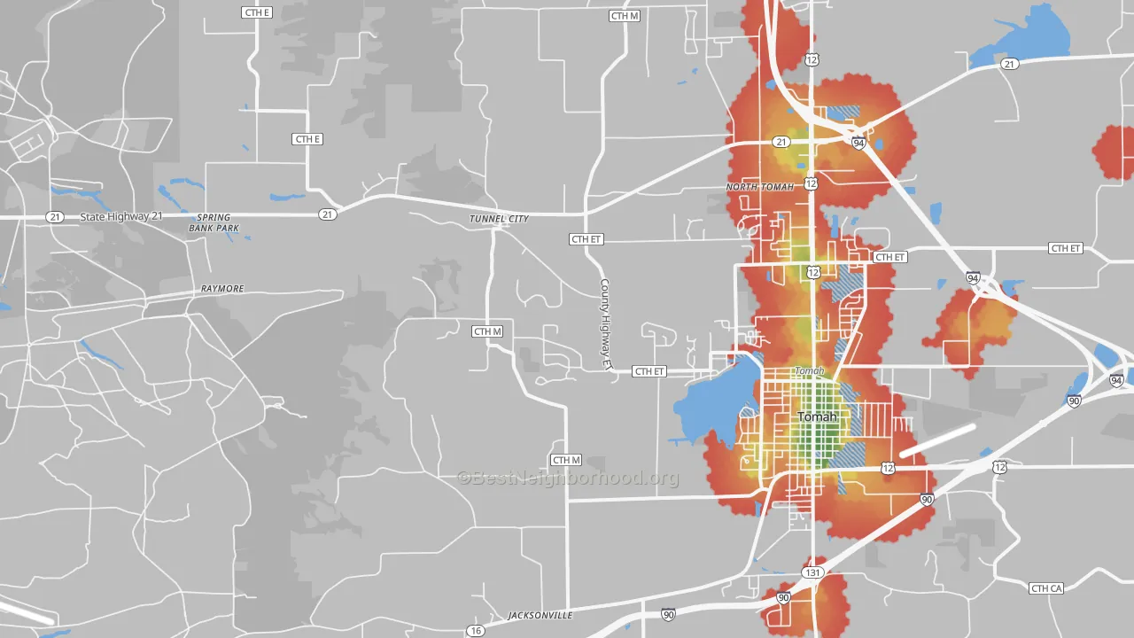 Walk Grade map of Tunnel City, WI, walkable areas in green and car-dependent areas in red