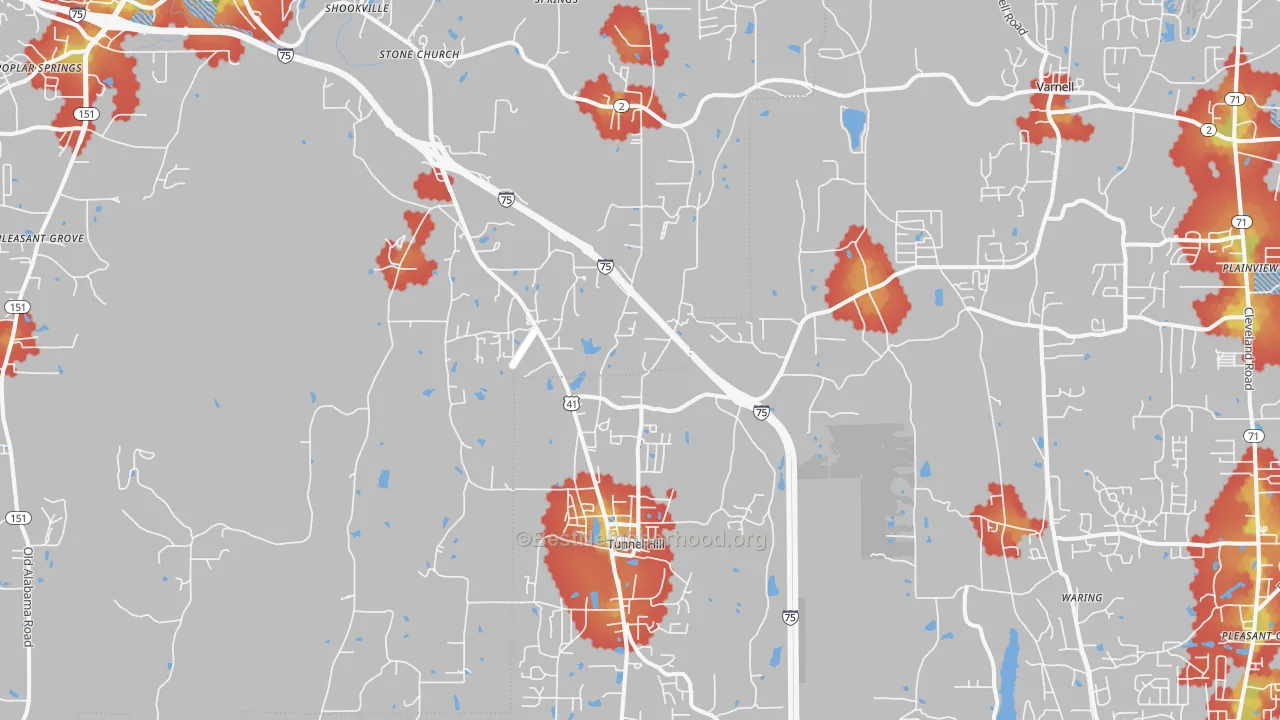 Walk Grade map of Tunnel Hill, GA, walkable areas in green and car-dependent areas in red