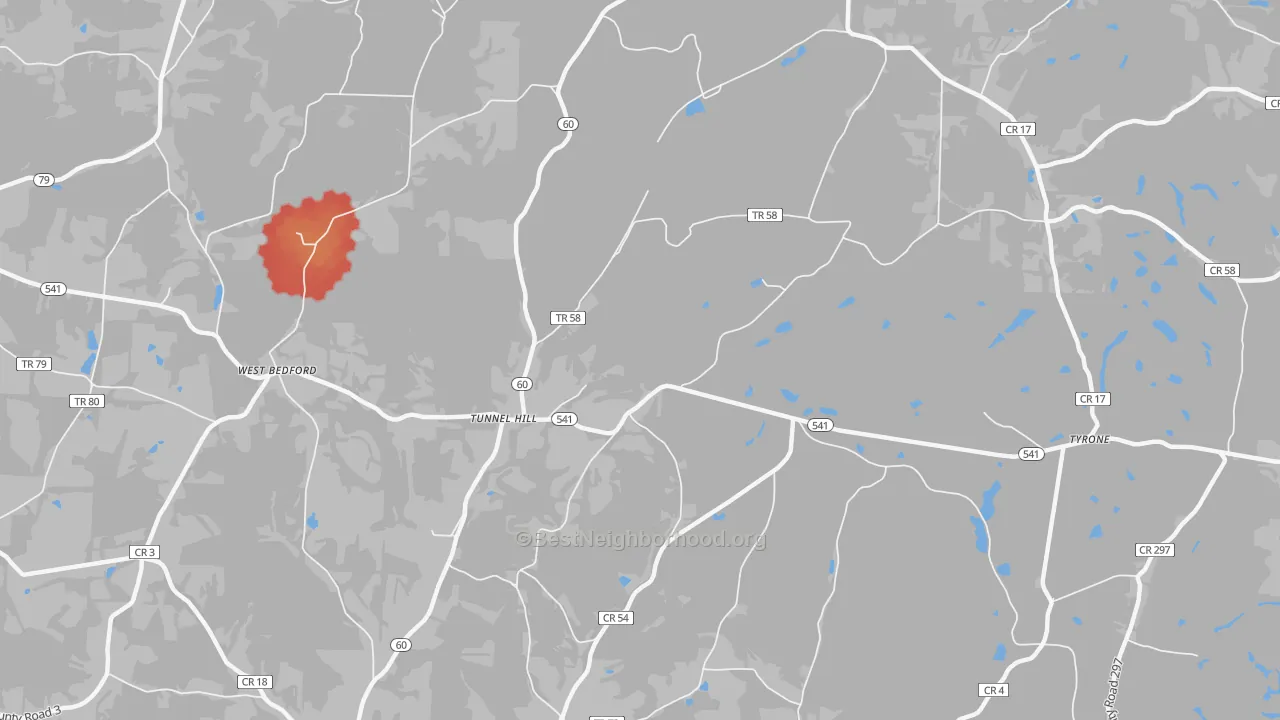Walk Grade map of Tunnel Hill, OH, walkable areas in green and car-dependent areas in red