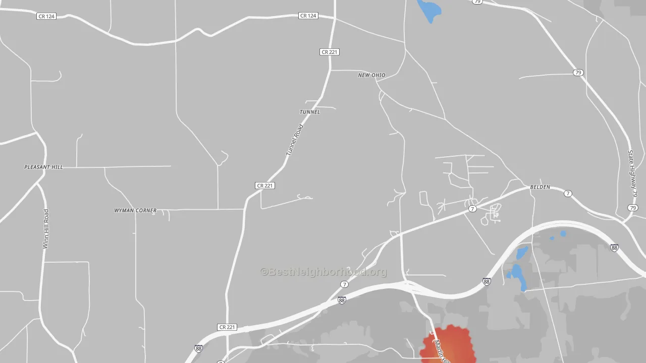 Walk Grade map of Tunnel, NY, walkable areas in green and car-dependent areas in red