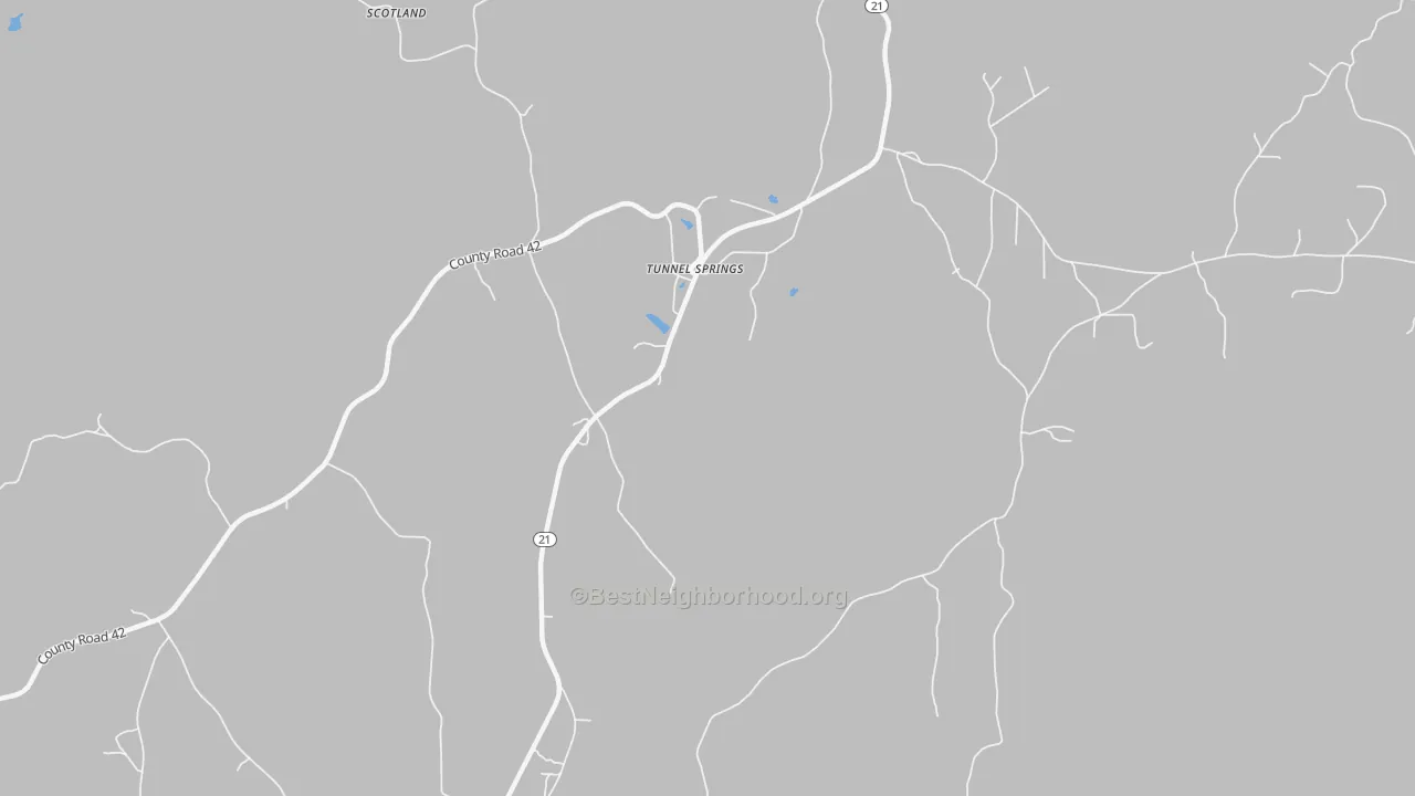Walk Grade map of Tunnel Springs, AL, walkable areas in green and car-dependent areas in red