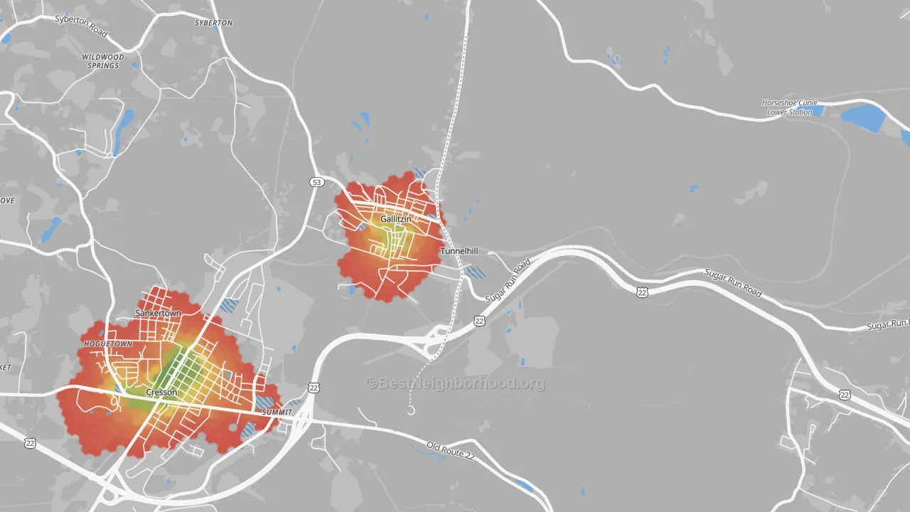 Walk Grade map of Tunnelhill, PA, walkable areas in green and car-dependent areas in red