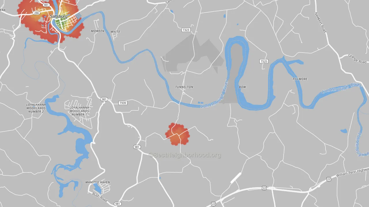 Walk Grade map of Tunnelton, PA, walkable areas in green and car-dependent areas in red