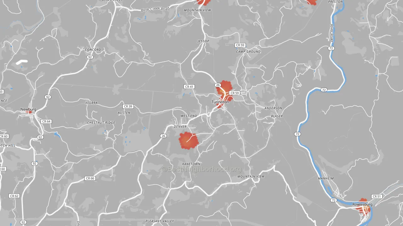 Walk Grade map of Tunnelton, WV, walkable areas in green and car-dependent areas in red
