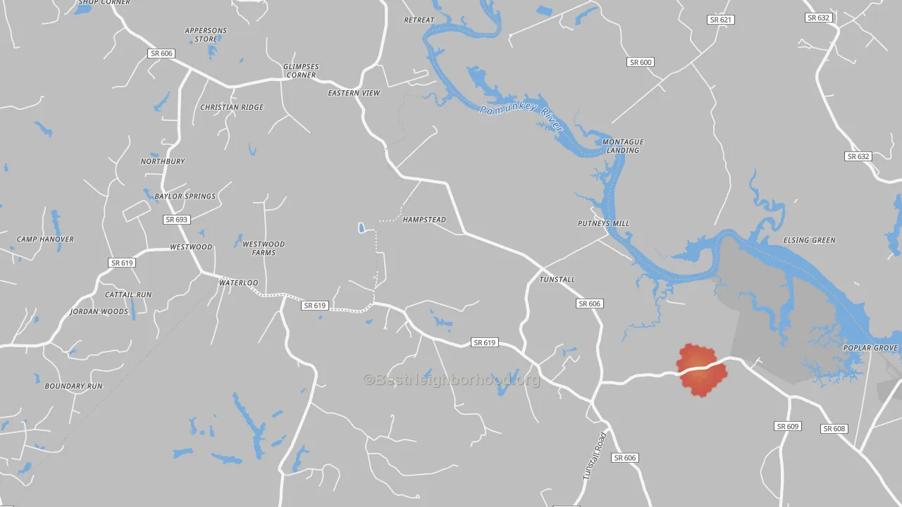 Walk Grade map of Tunstall, VA, walkable areas in green and car-dependent areas in red