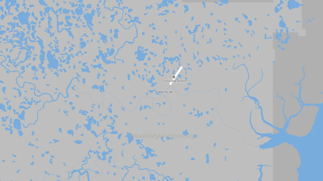 Walk Grade map of Tuntutuliak, AK, walkable areas in green and car-dependent areas in red