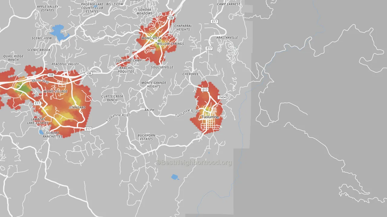 Walk Grade map of Tuolumne, CA, walkable areas in green and car-dependent areas in red