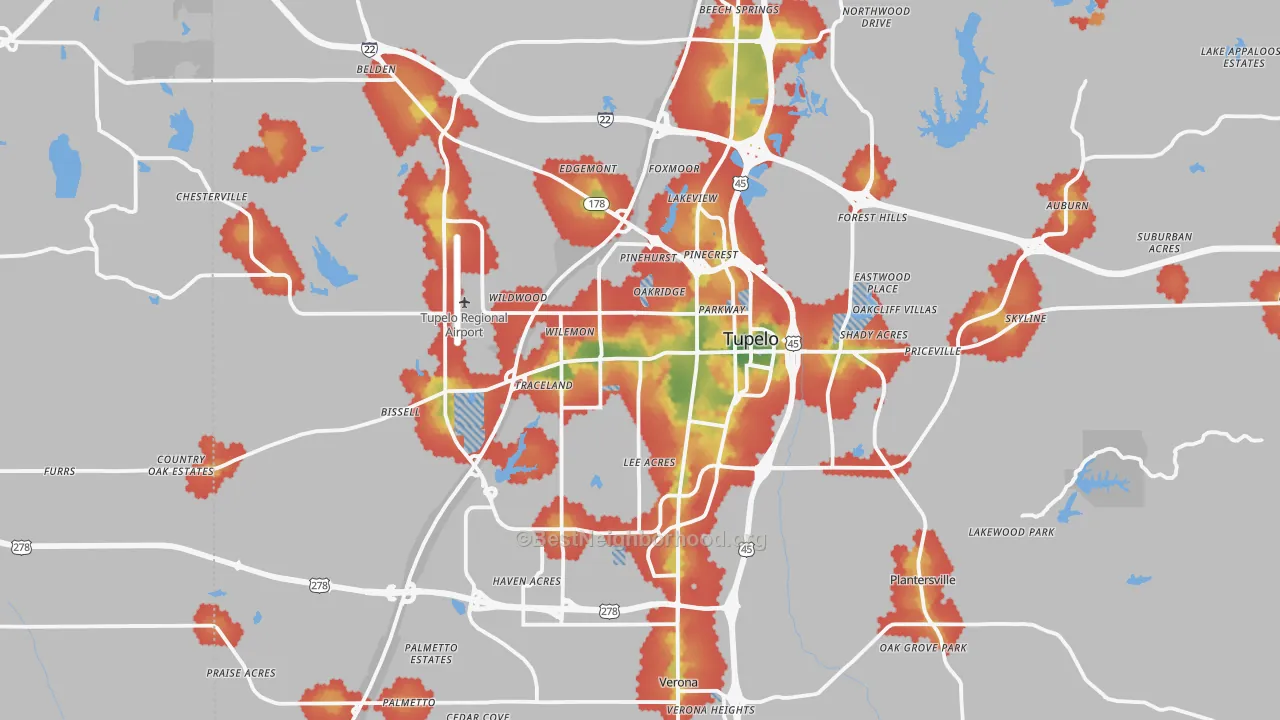 Walk Grade map of Tupelo, MS, walkable areas in green and car-dependent areas in red