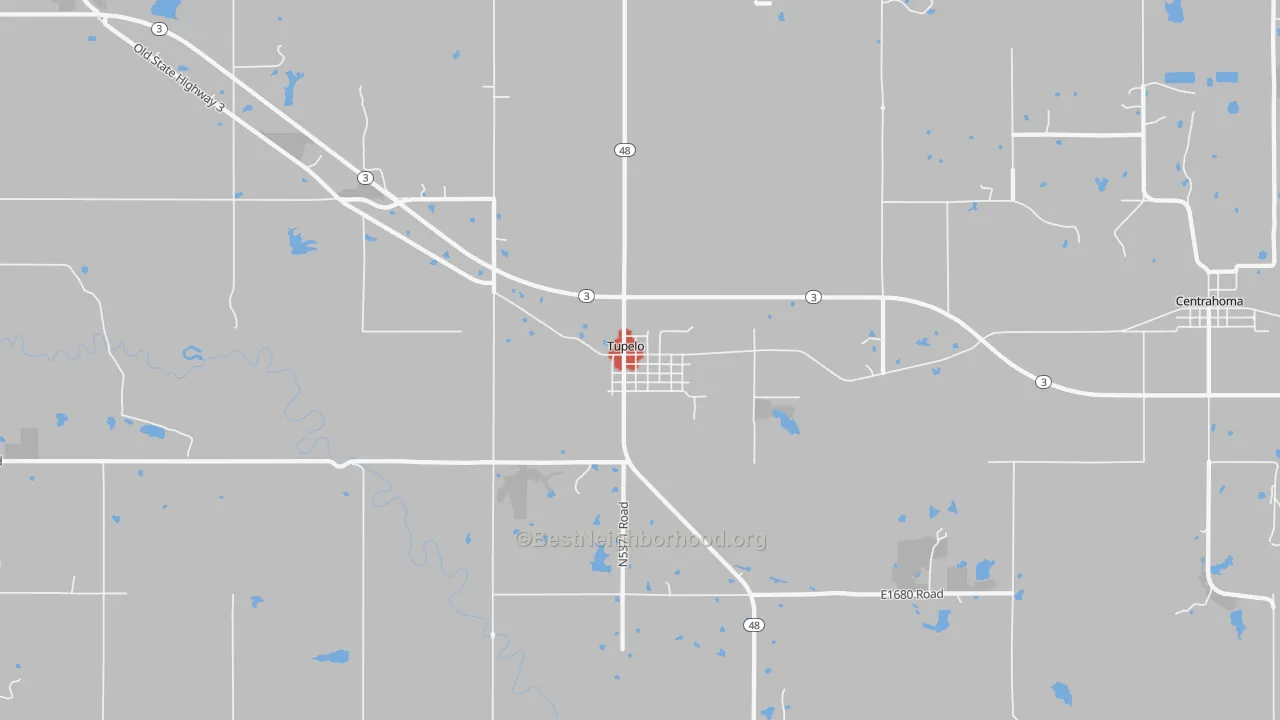 Walk Grade map of Tupelo, OK, walkable areas in green and car-dependent areas in red