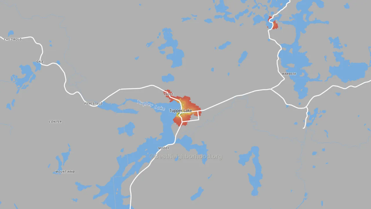 Walk Grade map of Tupper Lake, NY, walkable areas in green and car-dependent areas in red