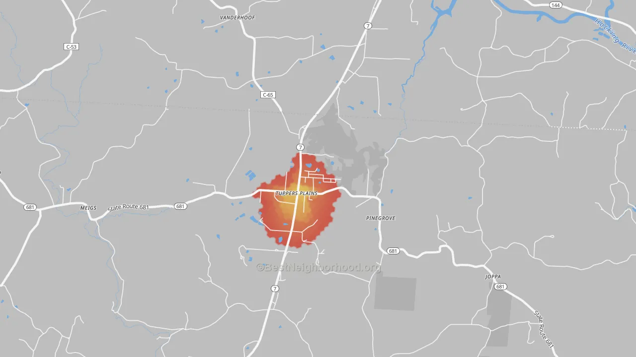 Walk Grade map of Tuppers Plains, OH, walkable areas in green and car-dependent areas in red