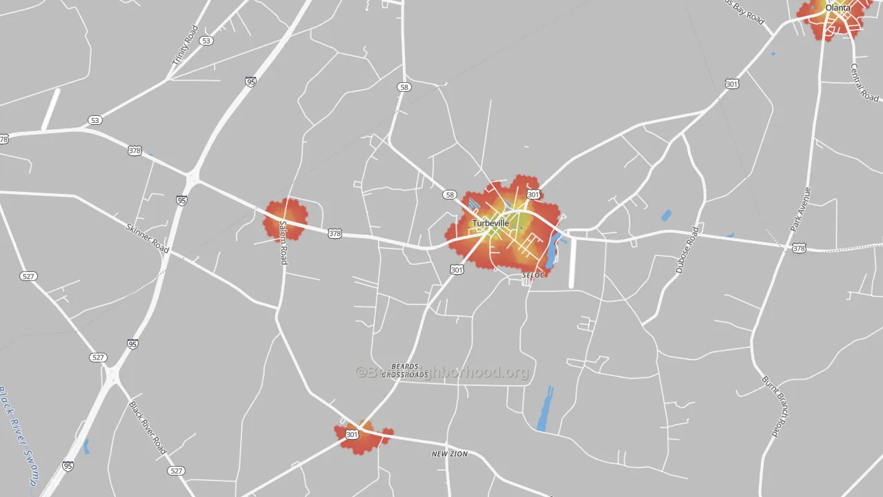 Walk Grade map of Turbeville, SC, walkable areas in green and car-dependent areas in red