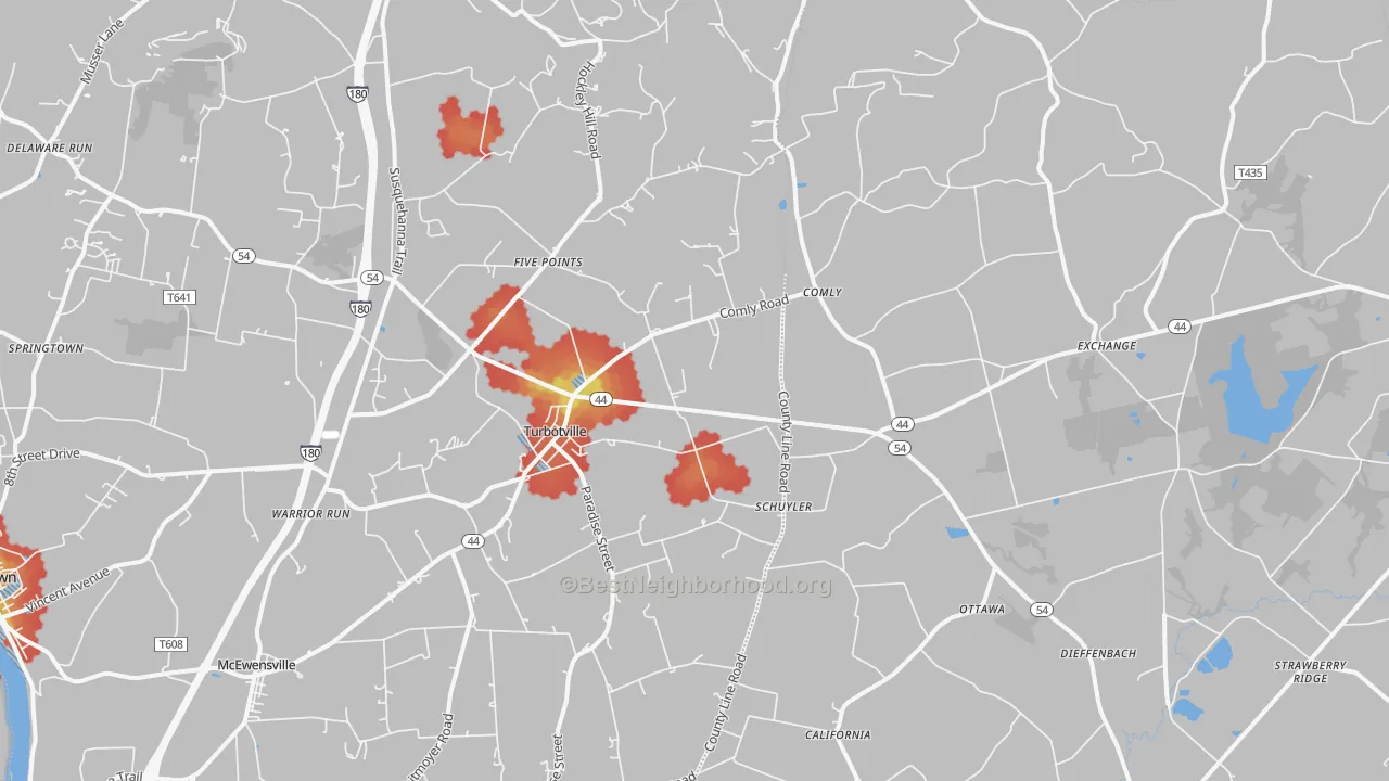 Walk Grade map of Turbotville, PA, walkable areas in green and car-dependent areas in red