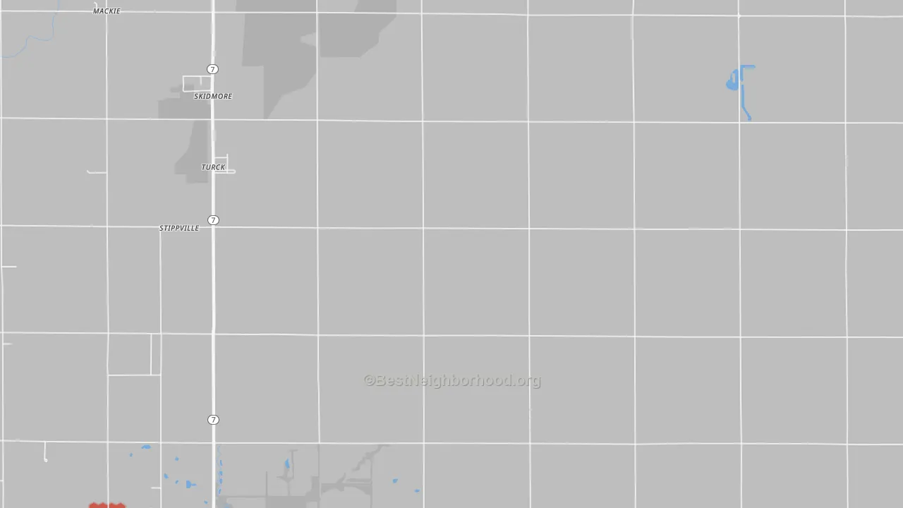 Walk Grade map of Turck, KS, walkable areas in green and car-dependent areas in red