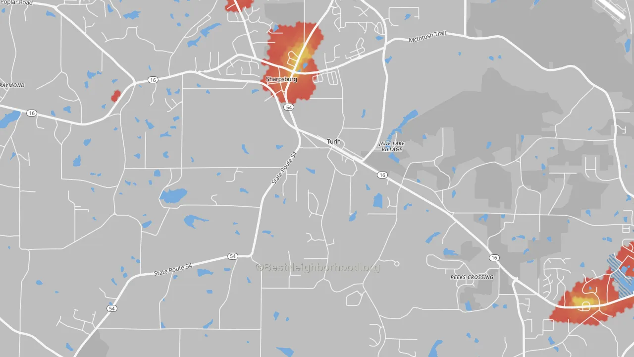 Walk Grade map of Turin, GA, walkable areas in green and car-dependent areas in red