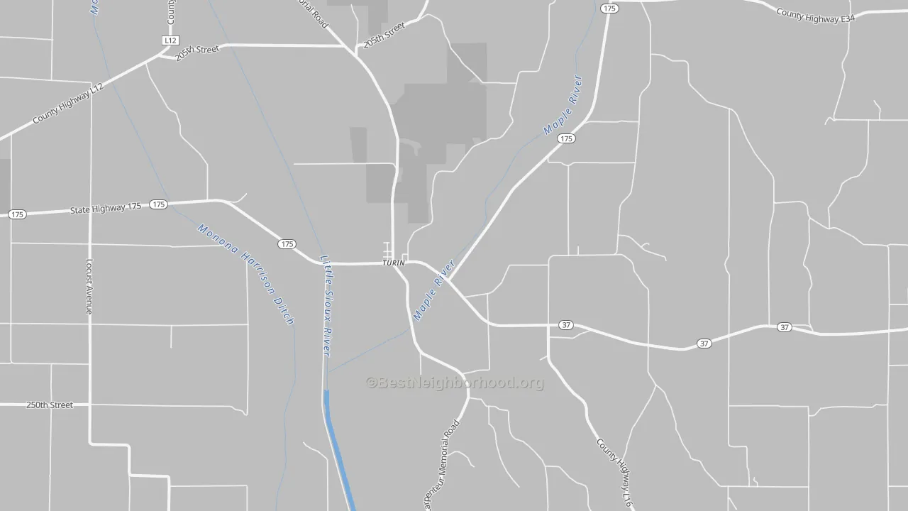 Walk Grade map of Turin, IA, walkable areas in green and car-dependent areas in red
