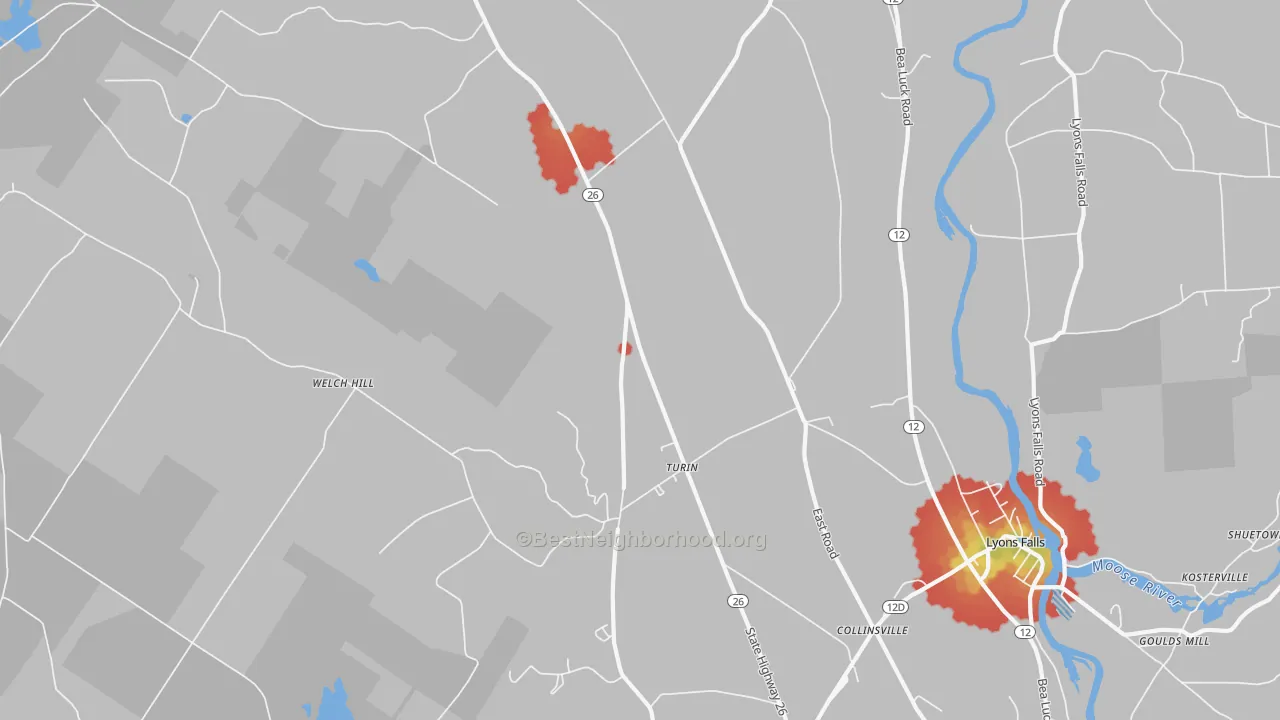 Walk Grade map of Turin, NY, walkable areas in green and car-dependent areas in red