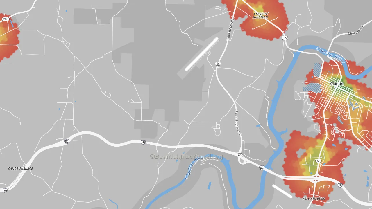 Walk Grade map of Turkey City, PA, walkable areas in green and car-dependent areas in red