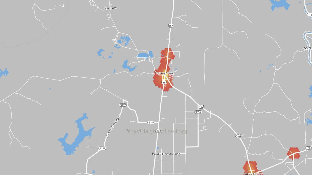 Walk Grade map of Turkey Creek, LA, walkable areas in green and car-dependent areas in red