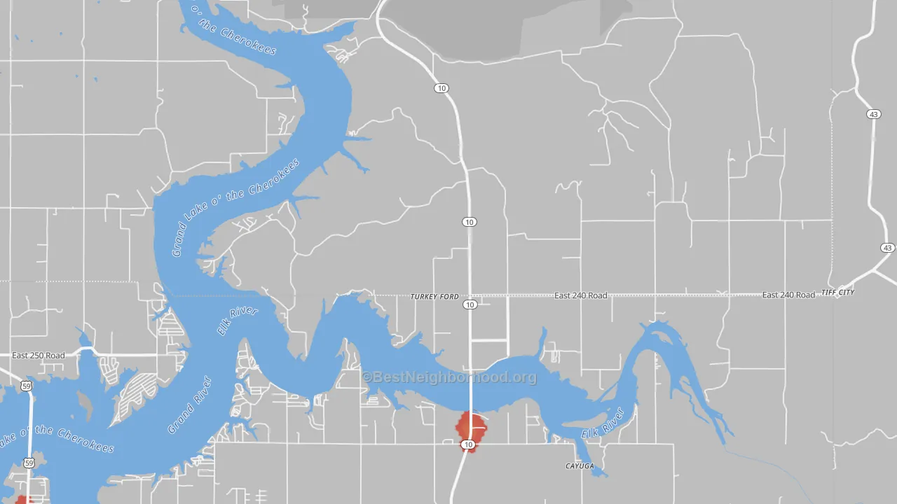 Walk Grade map of Turkey Ford, OK, walkable areas in green and car-dependent areas in red