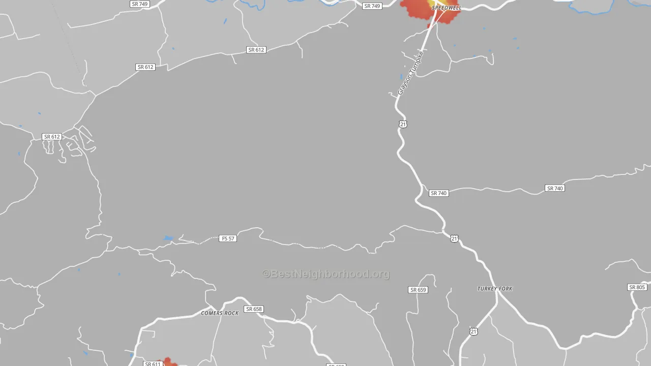 Walk Grade map of Turkey Fork, VA, walkable areas in green and car-dependent areas in red